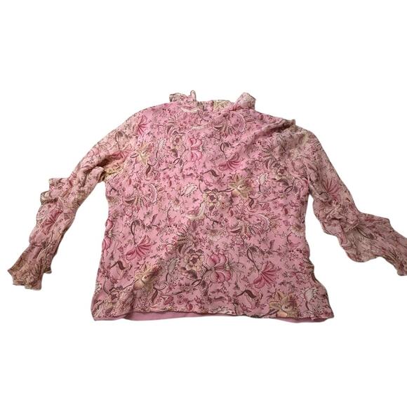 Y2K Silk Pink Floral Ruffled Blouse Size XL beaded Babydoll Fairy cottage LS - Picture 3 of 7